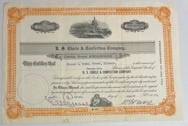 Vintage 1917 U.S. CHICLE & CONFECTION COMPANY Stock Certificate