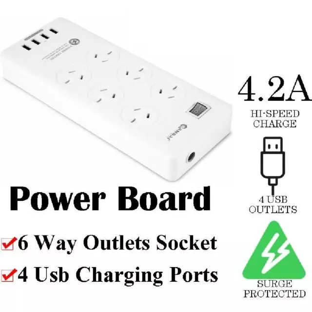 SANSAI Power Board 6 Way Outlets Socket 4 Usb Charging Ports w/Surge Protector