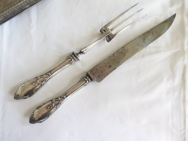 Ancien Couverts Service à gigot, fourchette et couteau, manche en métal argenté