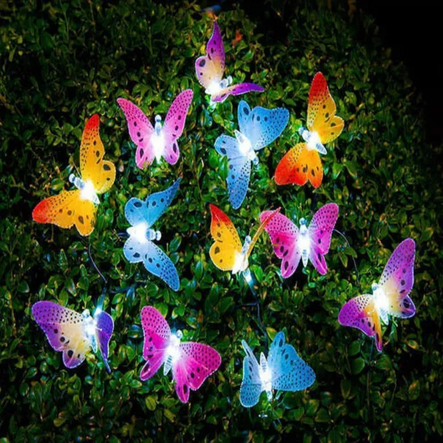 12 LED Solar Lichterkette Schmetterling Garten Party Außen Beleuchtung Lampe DE
