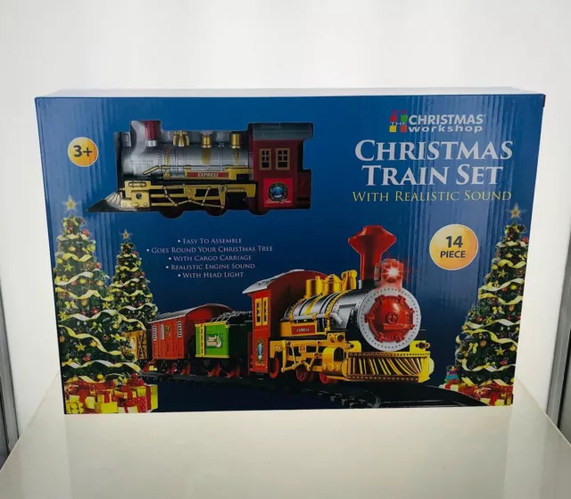 Deluxe Christmas 14 Pcs Train Set Realistic Sounds & Light Carriages Track Xmas