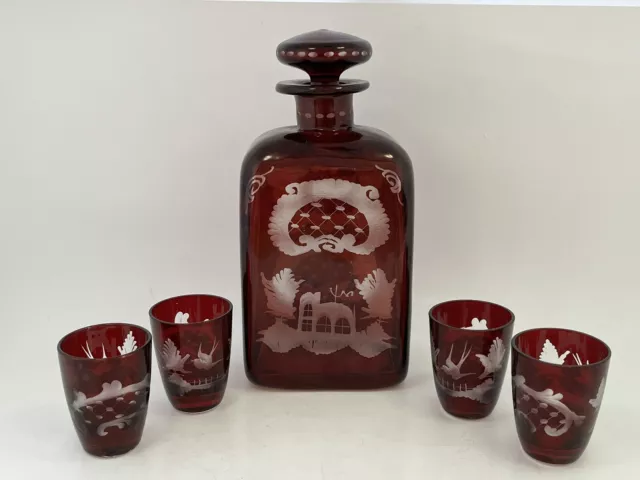 VTG EGERMANN? RUBY RED CUT TO CLEAR BOHEMIAN CZECH ART GLASS liquor DECANTER SET