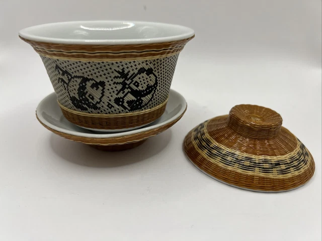 Vintage Chinese Wicker Rattan Woven Porcelain Tea Cup Set w/Cover & Saucer