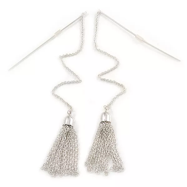 Light Silver Tone Metal Tassel with Long Chain Drop Earrings - 12cm L