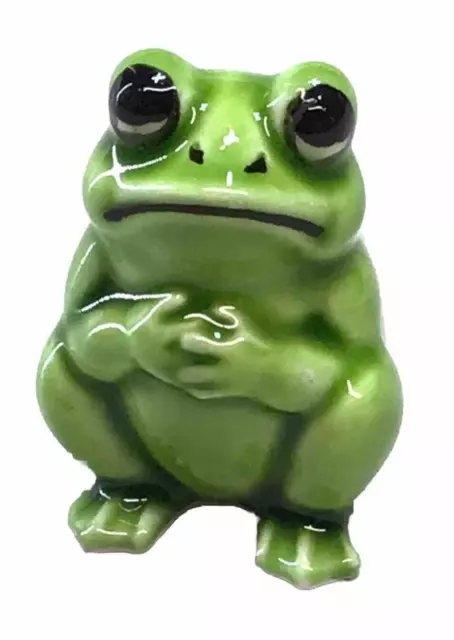 Vintage Sitting Frog Figurine Statue Miniature Green Ceramic Made In Japan 1.5"