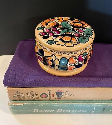 Vintage Russian Round Hand-painted Wooden Container w/Lid, Painted Florals USSR