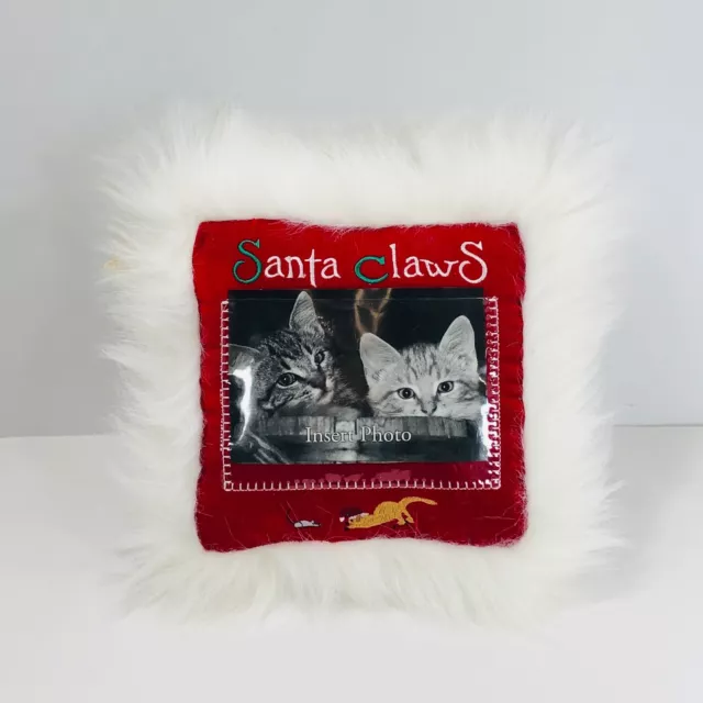 Santa Claws Christmas Kitty Cat Photo Pillow Red Embroidered Square 9.25x 9.25in