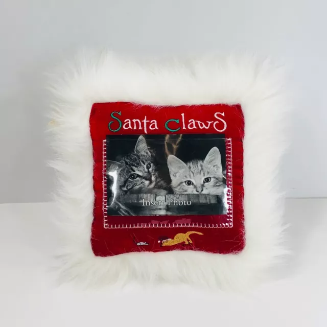 Santa Claws Navidad Gatito Gato Foto Almohada Roja Bordada Cuadrada 9,25x 9,25in