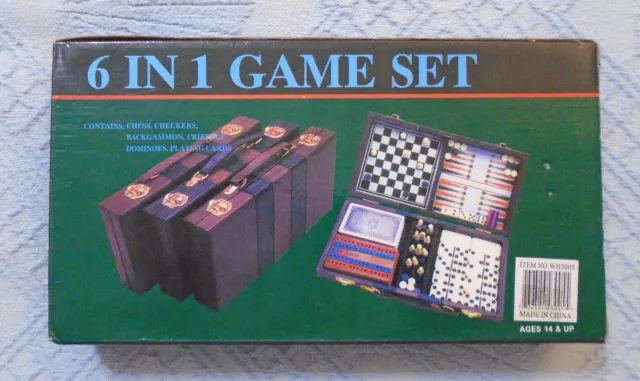 TRAVEL 6 in 1 Game SET CHESS Checkers, Dominoes, Cribbage, Backgammon, Playing C