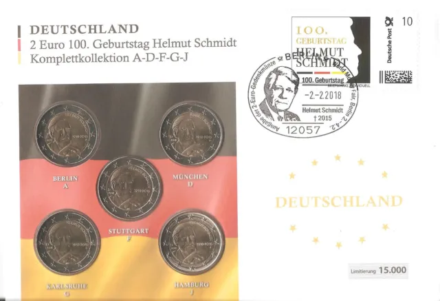 Numisbrief " Deutschland - 2018, " 100. Geburtstag Helmut Schmidt " ,Komplett