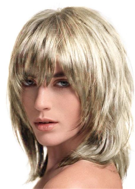 100% Human Hair Layered style with Full Fringe Middle Length Capless Women Wigs