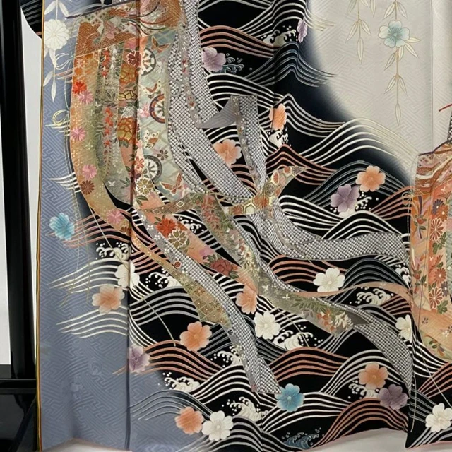 JAPANESE KIMONO FURISODE LONG SLEEVES LADIES WOVEN SILK Embroidery Gold  167cm 2
