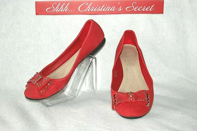 M BELLA Ballet Flats Red Leather Vera Pelle  Spikes Sz 37 / 6.5 *G-VG