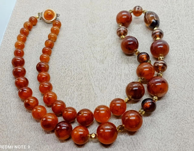 Collier Cravate égyptien Vintage - Perles De Verre Corail - Longueur 41-45 Cm - Occasion