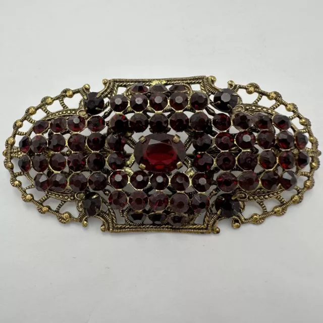 Vintage Art Deco Czech Gilt Brass Filigree Garnet Glass Rhinestone Brooch 3