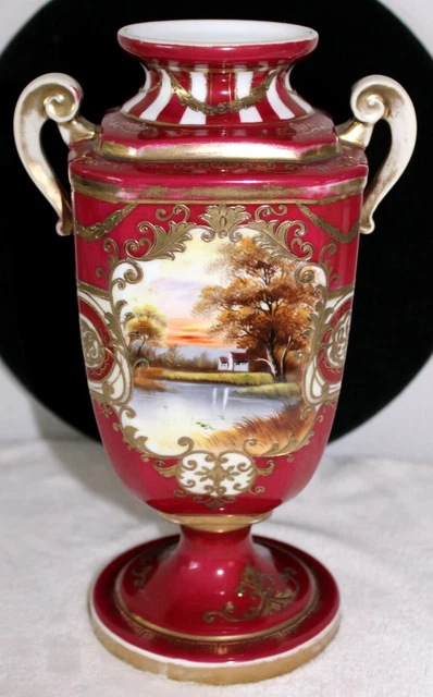 Art Deco Noritake Urn Vase Red w Gold Gilt Bolted Pedestal - Morimura Red Mark