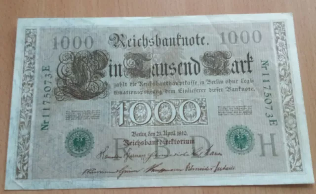 1000 Reichsbanknote Mark Berlin 21.4.1910 grünen Stempel gut erhalten