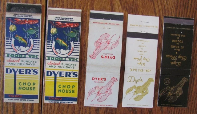 Animal 5 Lobster Matchbooks: Dyer's Seafood Restaurant (Toledo, Ohio) -F1