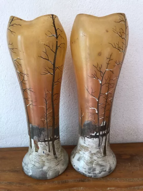 Paire d' anciens  vases émaillés pincés décor forêt enneigée DLG LEGRAS vintage