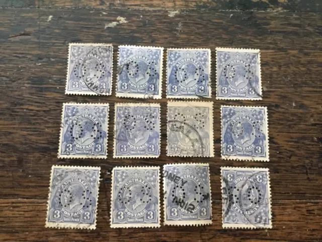 12 Punctured OS used stamps KGV 3d blue with WMK crown by A