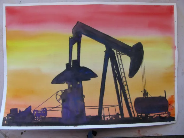 watercolor painting Pump It Up industrial art Oil Production