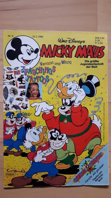 Micky Maus Nr.9 vom 22.2.1990 mit Faschings-Tattoos - TOP Z1 Comicheft