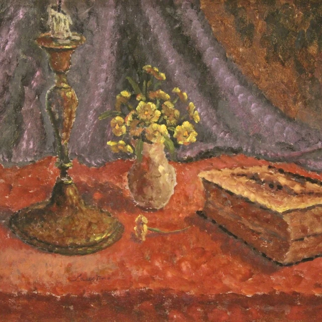 Cuadro firmado bodegón pintura óleo sobre masonita marco estilo antiguo 900