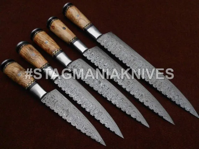 Hand Made Damascus Steel Chef Set 5-Pcs With Leather Roll Kit Best Gift For Wife