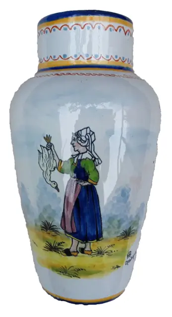 Ancien Vase En Faience Signe Hb Quimper Bretonne Oie Fleurs Blason Ceramique
