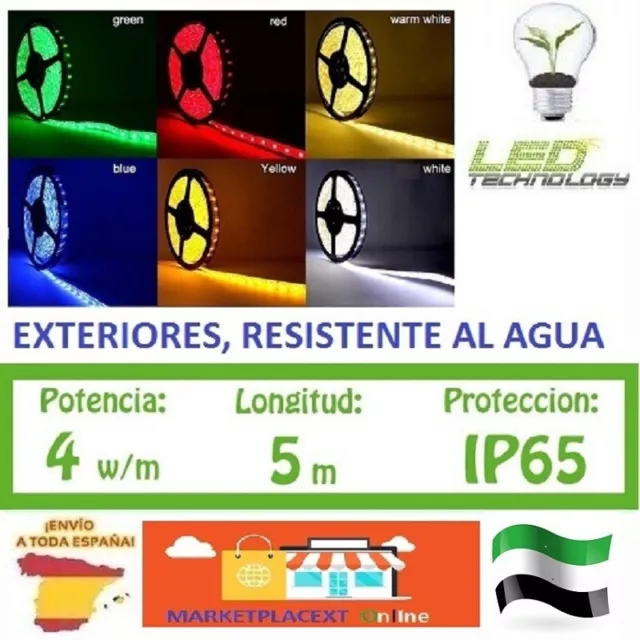 TIRA LED PARA EXTERIORES, 5 metros 12V Blanco-Verde-Azul-Rojo-RGB,  DESDE ESPAÑA