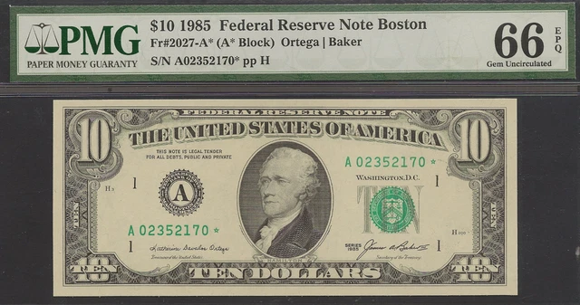 1985 $10 Boston Star Federal Reserve Note -Fr.2027A*- PMG Gem Uncirculated 66EPQ