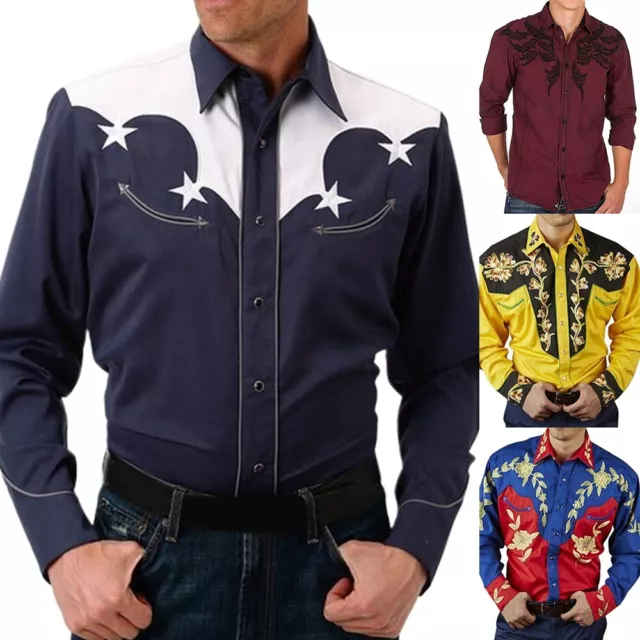 Mens Western Long-Sleeve Shirts Casual Loose Slim Button Down Dress Shirt Tops