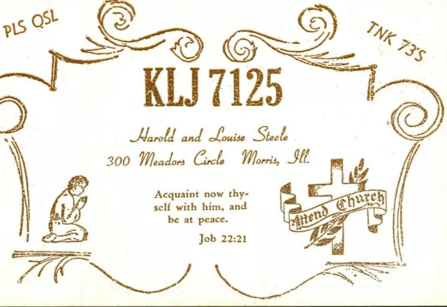 Vtg Ham Radio CB Amateur QSL QSO Card KLJ 7125 Morris Illinois IL Embossed