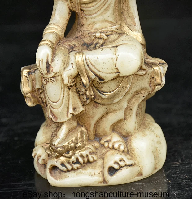 6.4 " Ancient China White Jade Gilt Buddhism Guanyin Kwan-Yin Buddha Statue 3