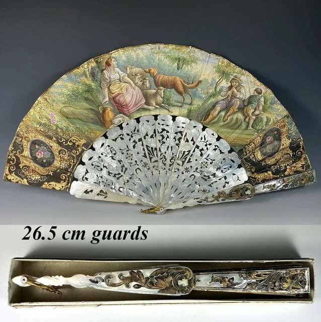 Antique French Hand Painted Hand Fan, 26cm Carved Mother of Pearl Guards, Sticks