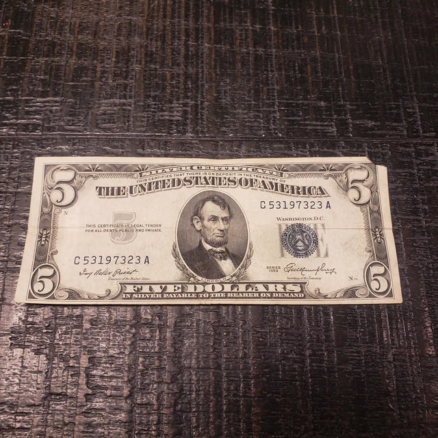 1953 Five Dollar Bill Silver Certificate Blue Seal Missing Corner