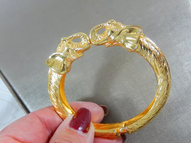 Vtg  Double Elephant Head Gold Tone Crystal Hinged Cuff Bracelet In Evc