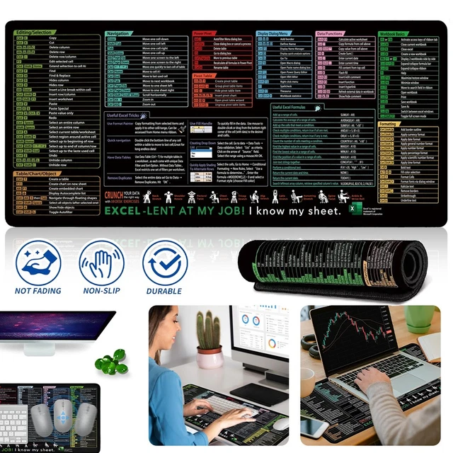 EXCEL SHORTCUTS CHEAT Sheet Desk Mat - Large 300*600*3mm Non-Slip Mouse ...