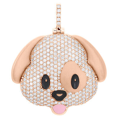 10K Rose Gold Diamond Puppy Dog Emoji Pendant 1.70" Enamel Pave Charm 2.75 CT.