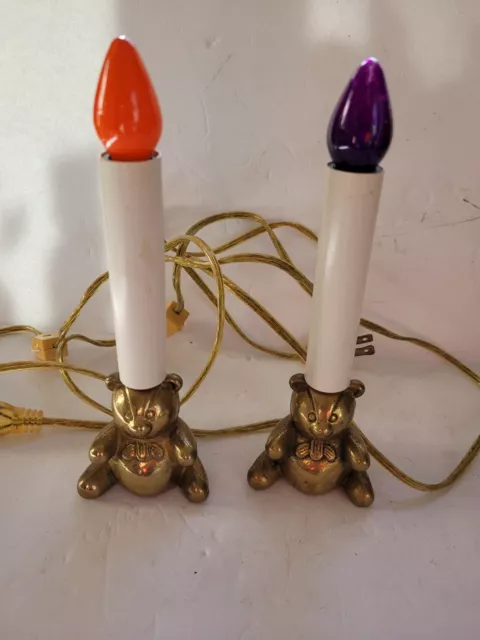 2 Vtg Solid Brass Teddy Bear Electric Window Candle Lamps Nite Lights Christmas