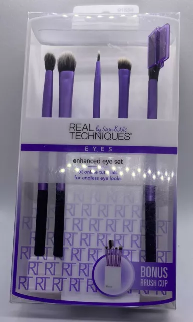 Real Techniques EYES/Enhanced Eye Set/Set of 5 Makeup Brushes Bonus Brush Cup