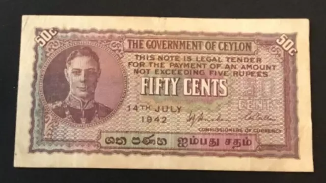 Banknote Of Ceylon Fifty Cents Dated 1942. King George V1. Excellent Condition.