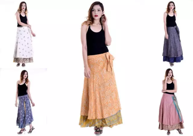 10 Pezzi Indiano Vintage 2 Strato Seta Sari Magia Avvolgente Gonne Casuale