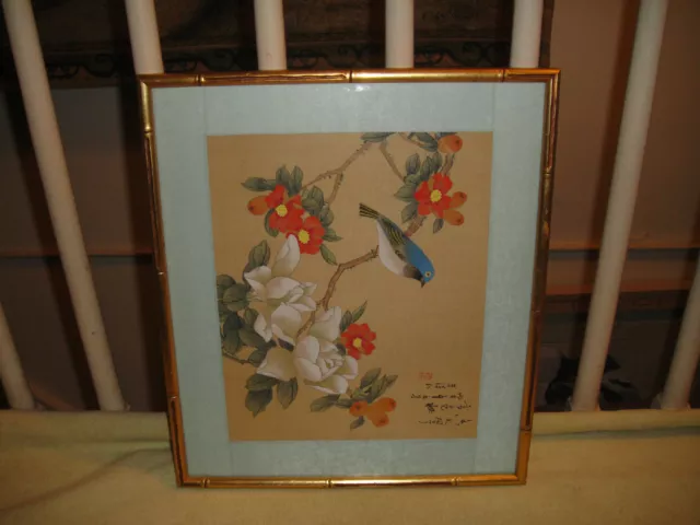 Chinese Japanese Drawing Woodblock Print Bluebird Flowers Stamped Signed