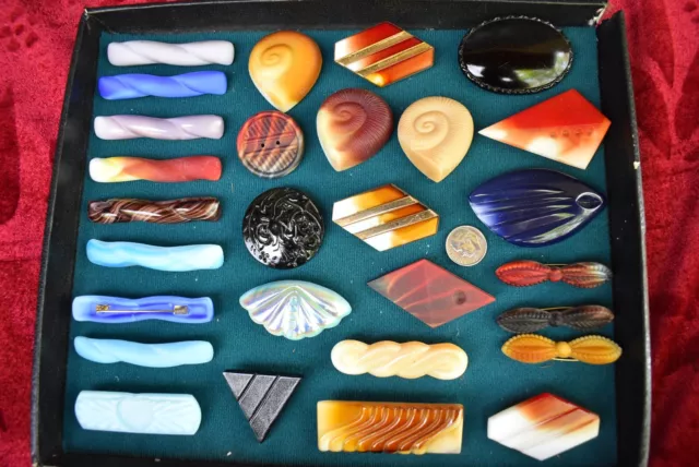 28 OLD CZECH VINTAGE GLASS PINS BROOCHES ART-DECO - 1930´s