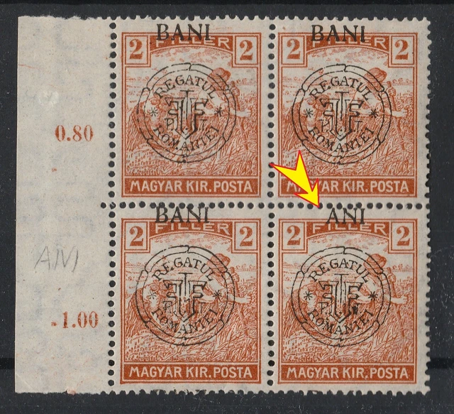 4 Stamps In Block (Ani Missing "B") Romania-Hungary 1919 Cluj (2 Bani) Mnh