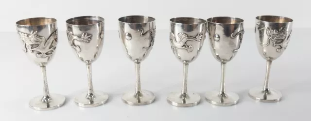 Antique Chinese Export Set of 6 Sterling Silver Cordial Cups Dragon Flaming Pear