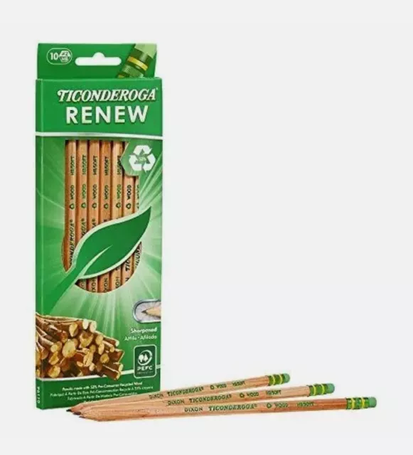 Ticonderoga Renew Wood-Cased Pencils, #2 HB Soft, Natural, 10 Count~New