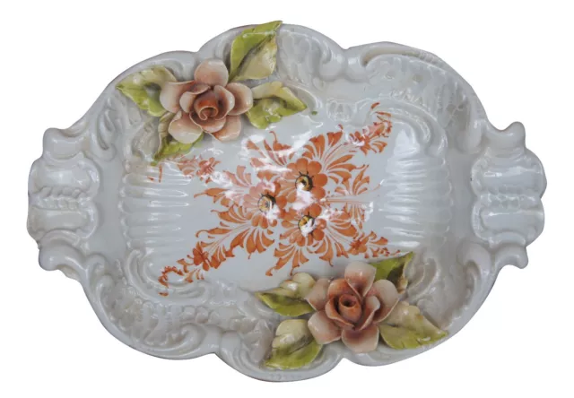 Vintage Capodimonte Italy Fine Porcelain Dish Floral Pastel Pink Rose Oval 8"