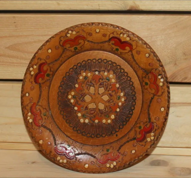 Vintage hand made pyrography wood wall hanging plate